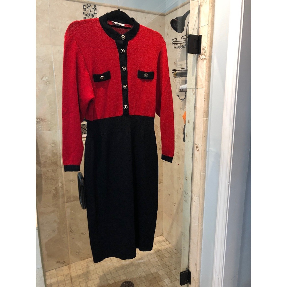 Vintage St John Red Black Color Block Knit Midi Dress Gold Logo Buttons 8